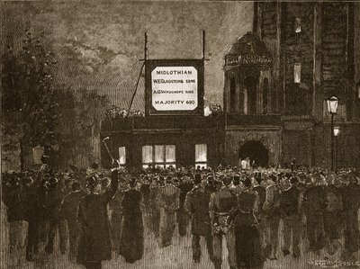 Élection générale de 1892 : Annonce des résultats au National Liberal Club, illustration de Cassells Illustrated History of England - English School