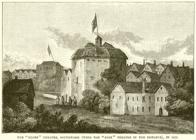 Le Globe Theatre, Southwark (avec le Rose Theatre au loin), en 1613 - English School