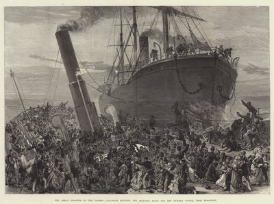 La grande catastrophe sur la Tamise, collision entre la princesse Alice et le Bywell Castle, près de Woolwich (gravure) - English School