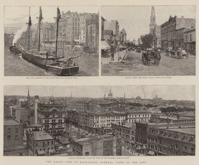 Le grand incendie à Milwaukee, vues générales de la ville (gravure) - English School