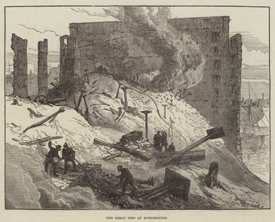 Le grand incendie à Rotherhithe (gravure) - English School