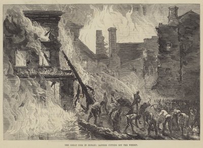 Le grand incendie de Dublin, sapeurs coupant le whisky (gravure) - English School