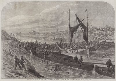 La grande inondation dans les Fens, tentative de former un barrage dans le drain de niveau moyen (gravure) - English School