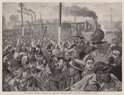 La grande grève des chemins de fer à Chicago, la cavalerie américaine dispersant une foule (litho) - English School
