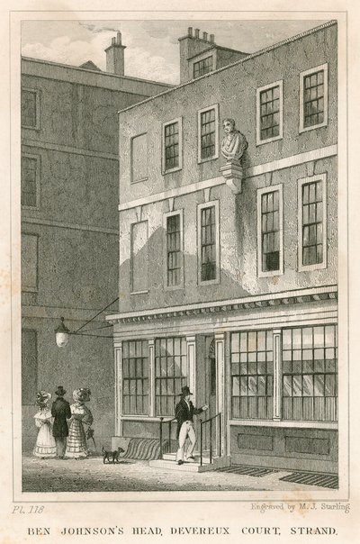 The Grecian Coffee House, Devereux Court, Strand, avec un buste de Ben Johnson - English School
