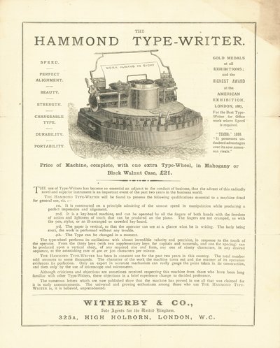 La machine à écrire Hammond de Wetherby & Co, High Holborn, Londres - English School