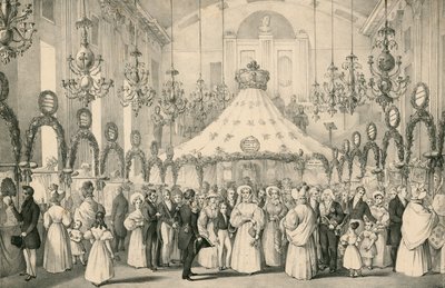 Les salles de Hanover Square lorsque la reine Victoria a pris la vue privée de la foire de fantaisie en aide aux étrangers en détresse, tenue le 19 juin 1833 - English School