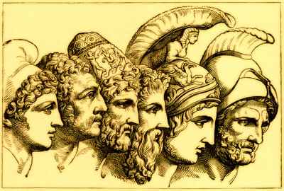 Les héros de la guerre de Troie : Paris, Diomède, Ulysse, Nestor, Achille, Agamemnon, illustration de L