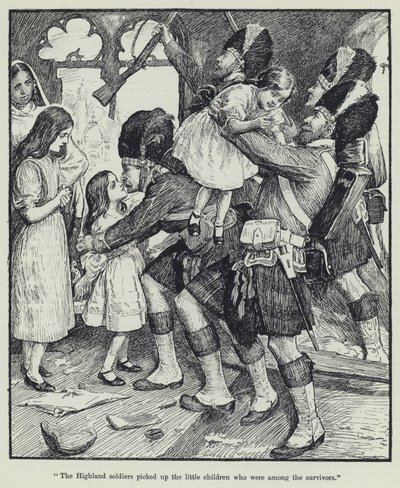 Les soldats des Highlands ont ramassé les petits enfants qui étaient parmi les survivants - English School