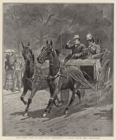The Home Life of the Late President, a drive with Mrs McKinley (litho) - English School