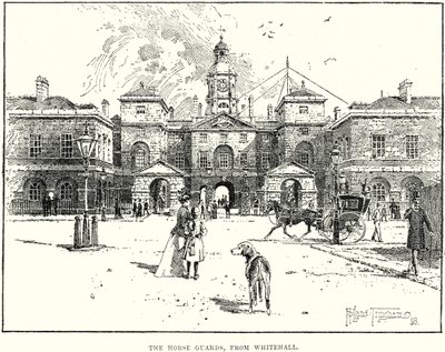 Les Horse Guards, depuis Whitehall (gravure) - English School