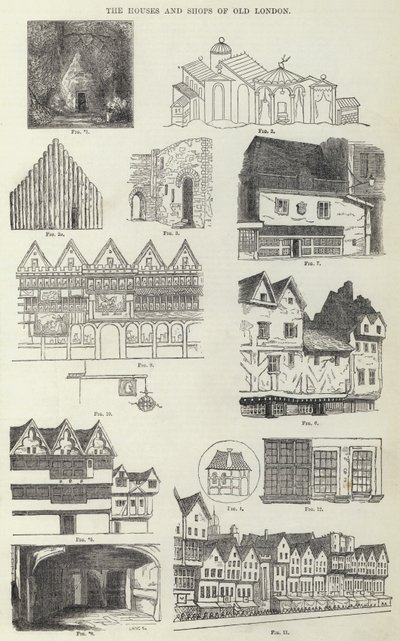 Les maisons et boutiques du vieux Londres (gravure) - English School