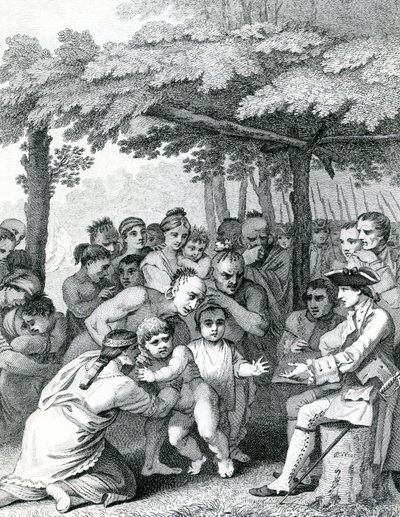 Les Indiens remettant les captifs anglais au colonel Bouquet près de son camp aux Fourches de Muskingham en Amérique du Nord, gravé par Canot, 1764 - English School