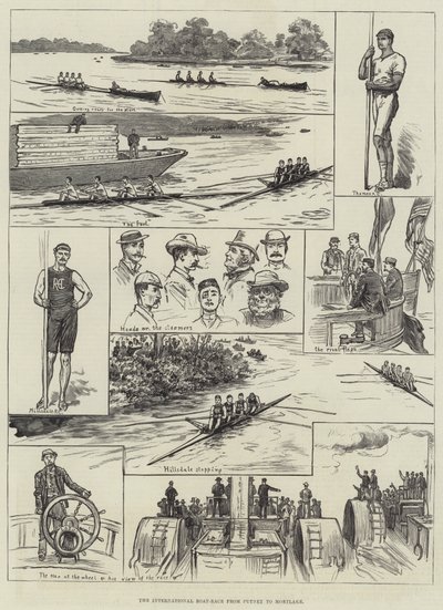 La course internationale de bateaux de Putney à Mortlake (gravure) - English School