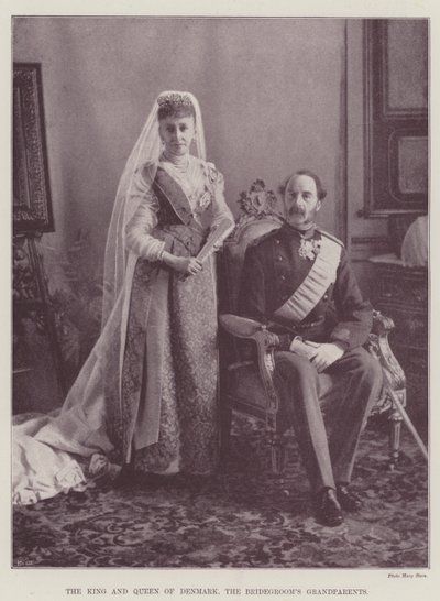 Le roi et la reine du Danemark, les grands-parents du marié (gravure) - English School
