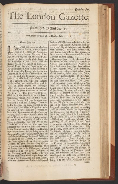 La Gazette de Londres, numéro 5655, page 1, 28 juin 1718 - English School