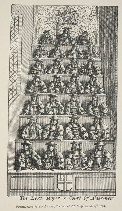 Le Lord Maire et la Cour des Échevins, frontispice de Angliae Metropolis de De Laune, 1681 - English School