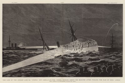 La perte du SS "Utopia" de la ligne Anchor au large de Gibraltar, le navire coulant environ dix minutes après avoir heurté le bélier du HMS "Anson" (gravure) - English School