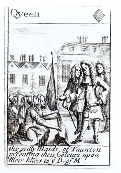 Les servantes de Taunton agenouillées devant le duc de Monmouth, 18 juin 1685, carte à jouer reine de carreau d