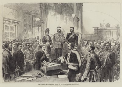 Le marquis de Lorne prêtant serment en tant que gouverneur général du Canada (gravure) - English School
