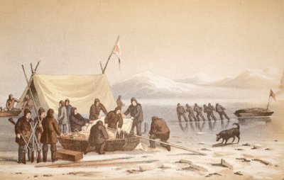 La Rencontre dans le Canal de Wellington, 14 juin 1851, illustration de Voyage à la Baie de Baffin et aux Détroits de Barrow..., 1852 (gravure en couleurs) - English School