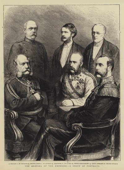 La rencontre des empereurs, un groupe de portraits (gravure) - English School