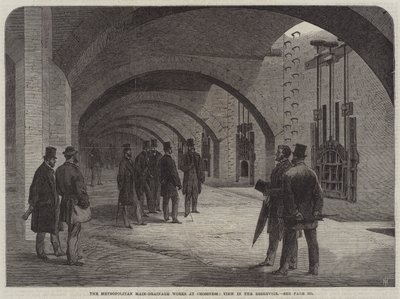 Les travaux de drainage principal métropolitain à Crossness, vue dans le réservoir (gravure) - English School