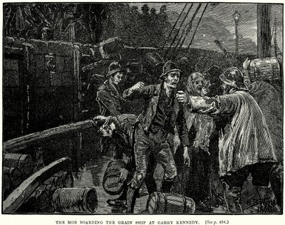 La foule montant à bord du navire céréalier à Garry Kennedy (gravure) - English School