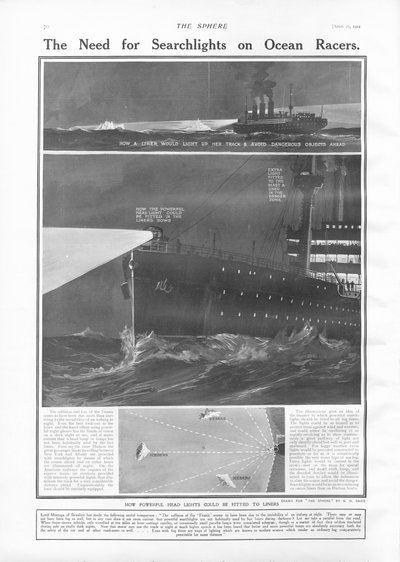 Le besoin de projecteurs sur les paquebots, de The Sphere, 27 avril 1912 - English School