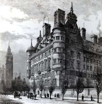 Les nouveaux bureaux de police sur le Victoria Embankment, gravé par H.W.B., publié dans 