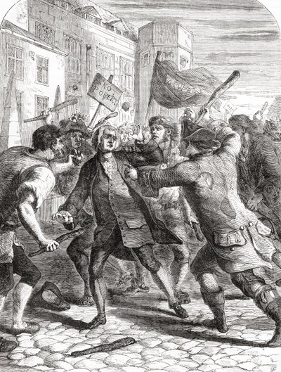 Les émeutiers "No-Popery" attaquent des membres du Parlement à Palace Yard, Westminster, Londres, Angleterre pendant les émeutes de Gordon de 1780 - English School