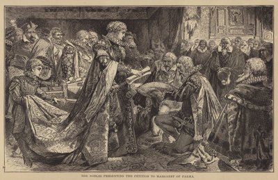 Les nobles présentant la pétition à Marguerite de Parme (gravure) - English School