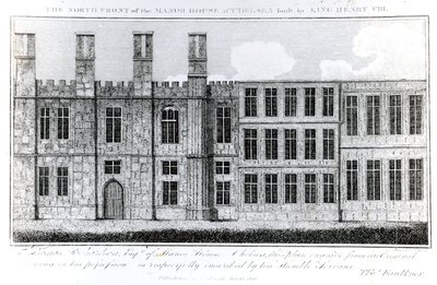 Façade nord du manoir de Chelsea construit par le roi Henri VIII, gravé par J. Barlow, illustration dans A Historical and Topographical Account of Chelsea and its Environs par Thomas Faulkner - English School