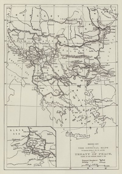 Les cartes officielles du traité de paix, signé à San Stefano, 3 mars 1878 (gravure) - English School