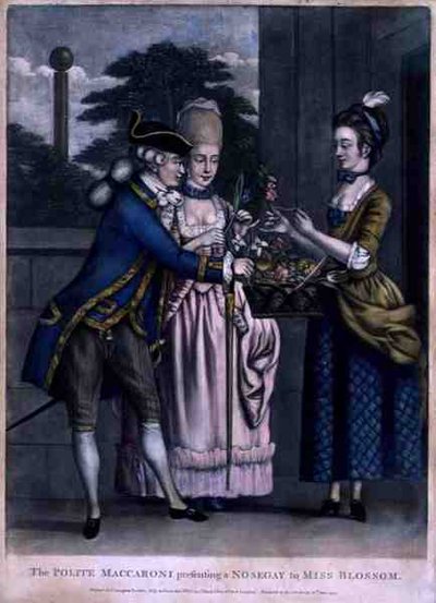 Le Maccaroni poli présentant un bouquet à Miss Blossom, pub. par Carington Bowles - English School