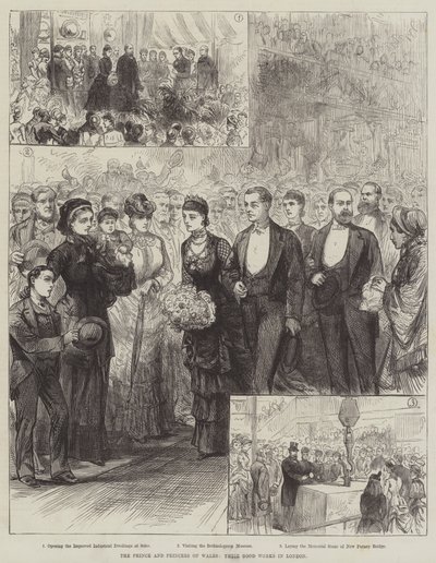 Le prince et la princesse de Galles, leurs bonnes œuvres à Londres (gravure) - English School