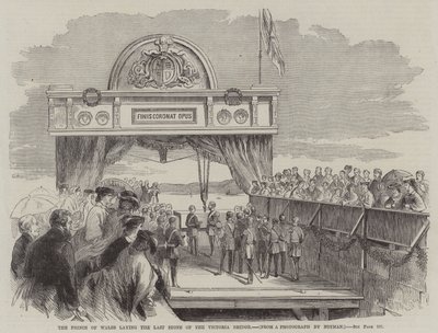 Le Prince de Galles posant la dernière pierre du pont Victoria (gravure) - English School