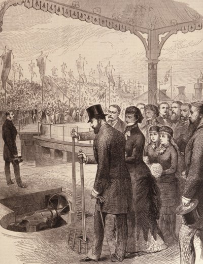 Le prince de Galles inaugurant les nouveaux docks nord à Liverpool, de The Illustrated London News, 17 septembre 1881 - English School