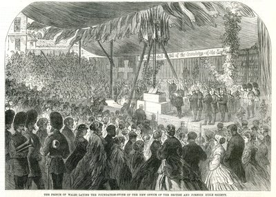 Le Prince de Galles posant la première pierre du nouveau bureau de la Société Biblique Britannique et Étrangère - English School