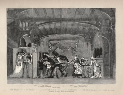 La production de Falstaff de Giuseppe Verdi à Milan, Falstaff caché dans le panier à linge dans la maison de Ford. Illustration pour The Graphic - English School