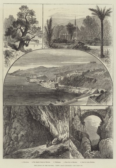 La reine sur la Riviera, vues autour de Menton (gravure) - English School