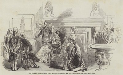 Le salon de la reine, Sa Majesté inspectant les modèles de M. Tite de la Bourse royale - English School