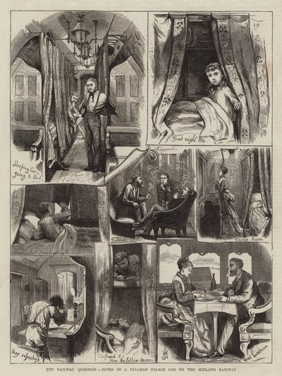 La question ferroviaire, notes dans un wagon Pullman Palace sur le chemin de fer Midland (gravure) - English School