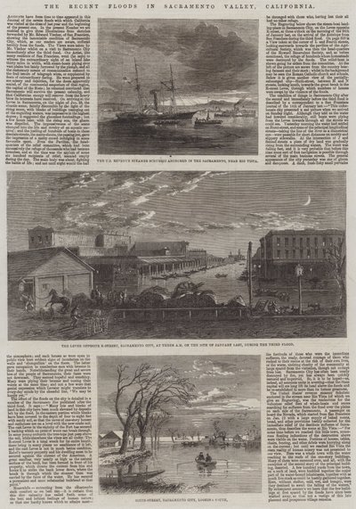 Les récentes inondations dans la vallée de Sacramento, Californie (gravure) - English School