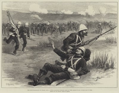 La reconnaissance en force, 5 août, les Royal Marines se repliant à la fin de la journée, sous un feu nourri (gravure) - English School