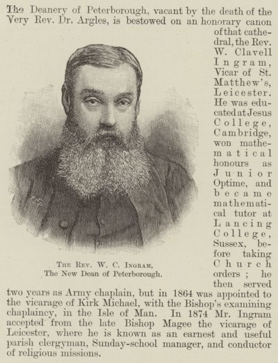 Le révérend W C Ingram, le nouveau doyen de Peterborough (gravure) - English School