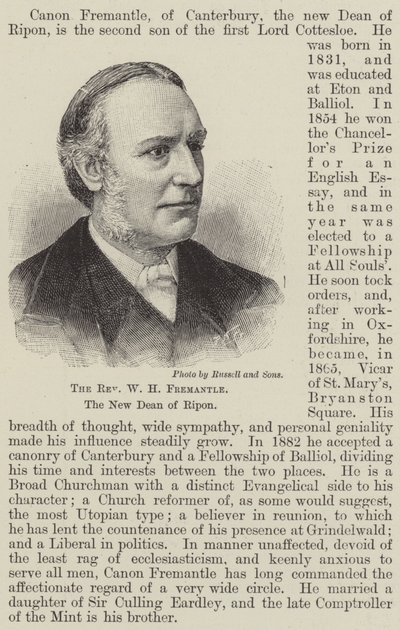 Le révérend W H Fremantle, le nouveau doyen de Ripon (gravure) - English School