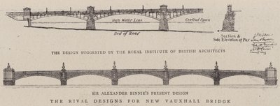 Les designs rivaux pour le nouveau pont de Vauxhall (gravure) - English School