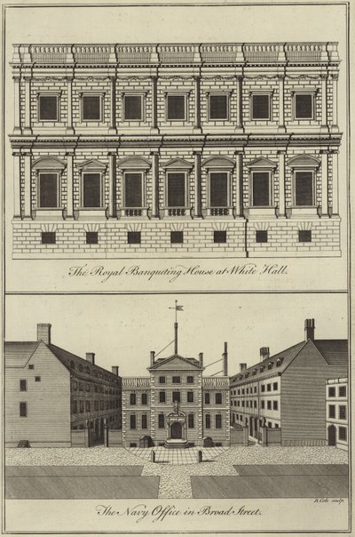 La Maison de Banquet Royale à Whitehall et le Bureau de la Marine à Broad Street, Londres - English School