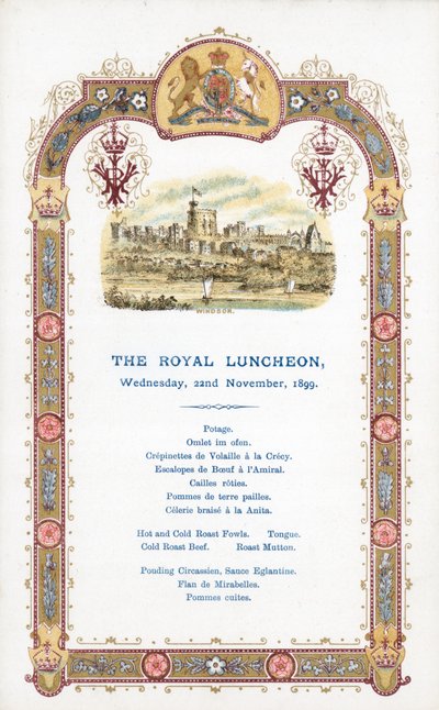 Le déjeuner royal, mercredi 22 novembre 1899, menu - English School